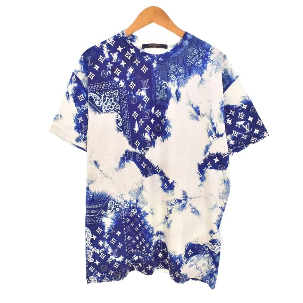 ルイヴィトン LOUIS VUITTON 22AW モノグラム ダミエ バンダナ Tシャツ 半袖 総柄 XS 白 ホワイト 青 ブルー RM222M NPG HNY26W