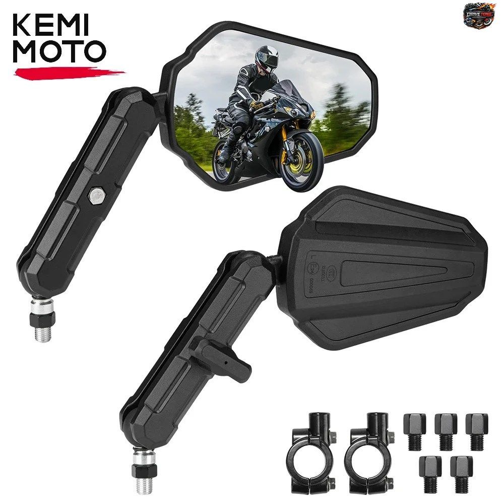 KEMIMOTO オートバイ用ミラー M8 M10 ボルト ハンドルバーミラー ユニバーサル Eマーク オートバイ用バックミラー 折りたたみ式 360°調整
