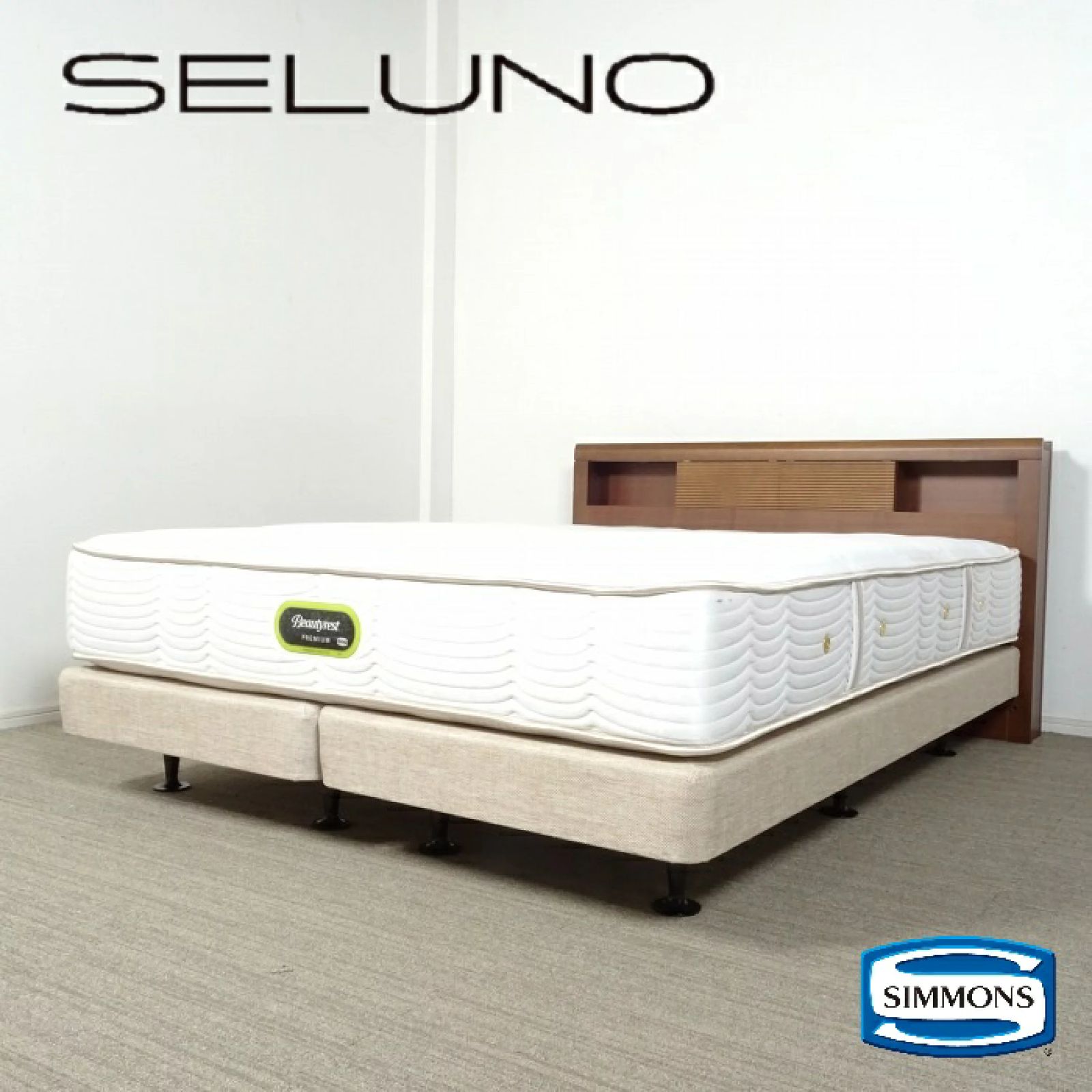 ◾︎SELUNO◾︎ 【展示良品】SIMMONS シモンズ Aurg Shelf アーグシェルフ / シモンズエグゼクティブ クイーンベッド 照明・コンセント付き / ダブルクッション仕様 63万 x594