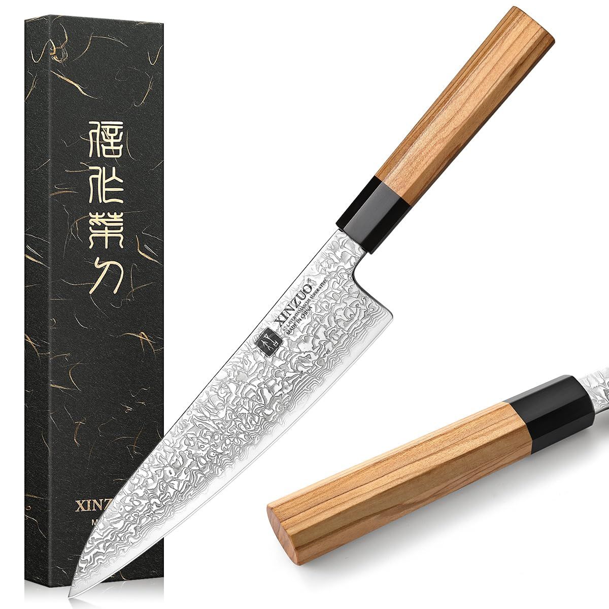 XINZUO 21.5cmダマスカス鋼シェフナイフ -プロの鋭いキッチンナイフGyutoナイフ -肉と野菜を切るためのダマスカス鋼調理ナイフ-オリーブ木と黒い水牛角ハンドル-ギフトボックス付き送料無料 c026a820
