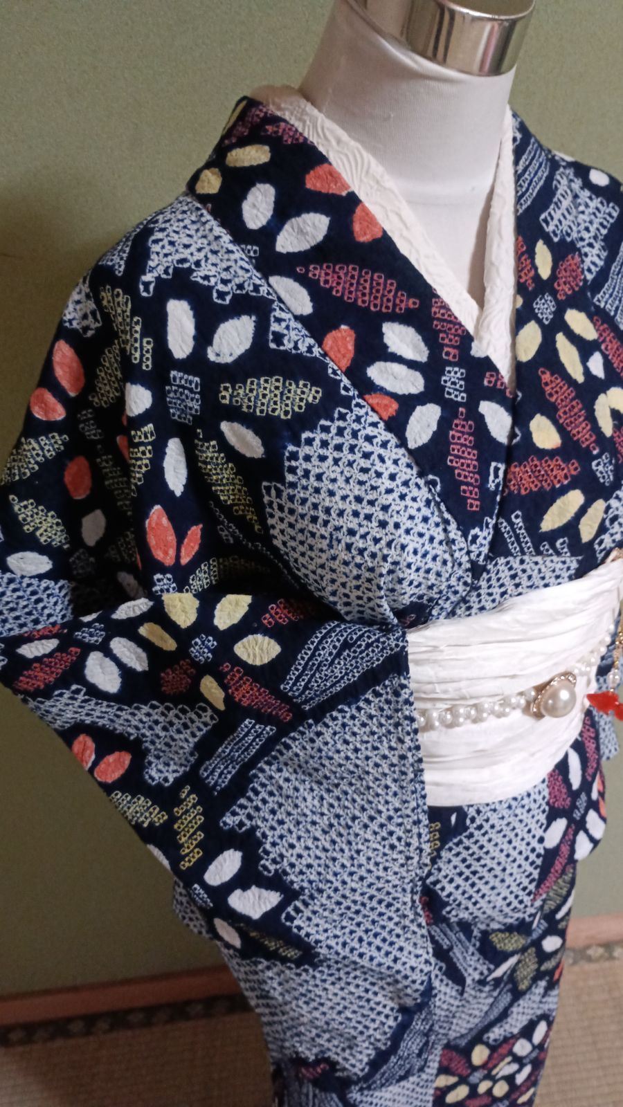 有松鳴海絞り】高級浴衣 単品 藍色×多色 花模様 総絞り - メルカリ