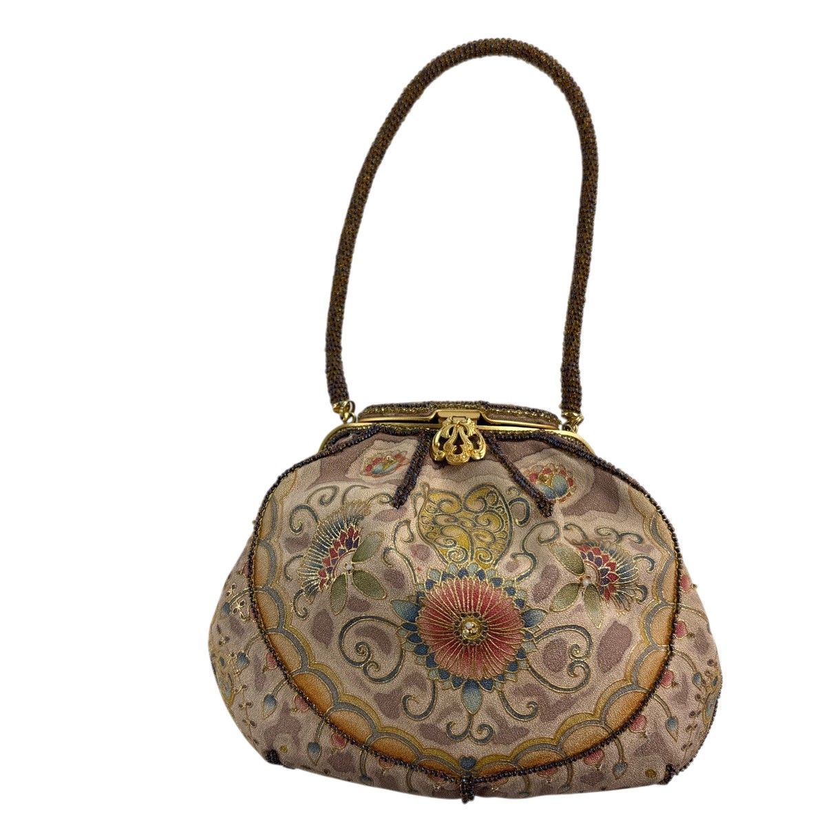 和装バッグ 逸品 OKAJIMA フォーマル 花唐草 金糸 金彩 薄茶色 正絹 和装小物 【中古】