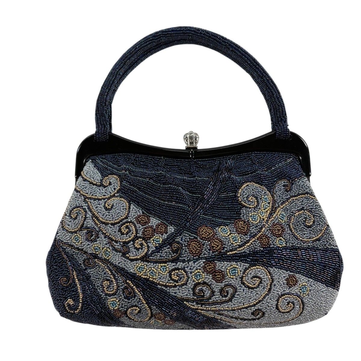 【美品】 和装バッグ 逸品 ビーズバッグ フォーマル 唐草 幾何学模様 紺色 ビーズ 和装小物 【中古】