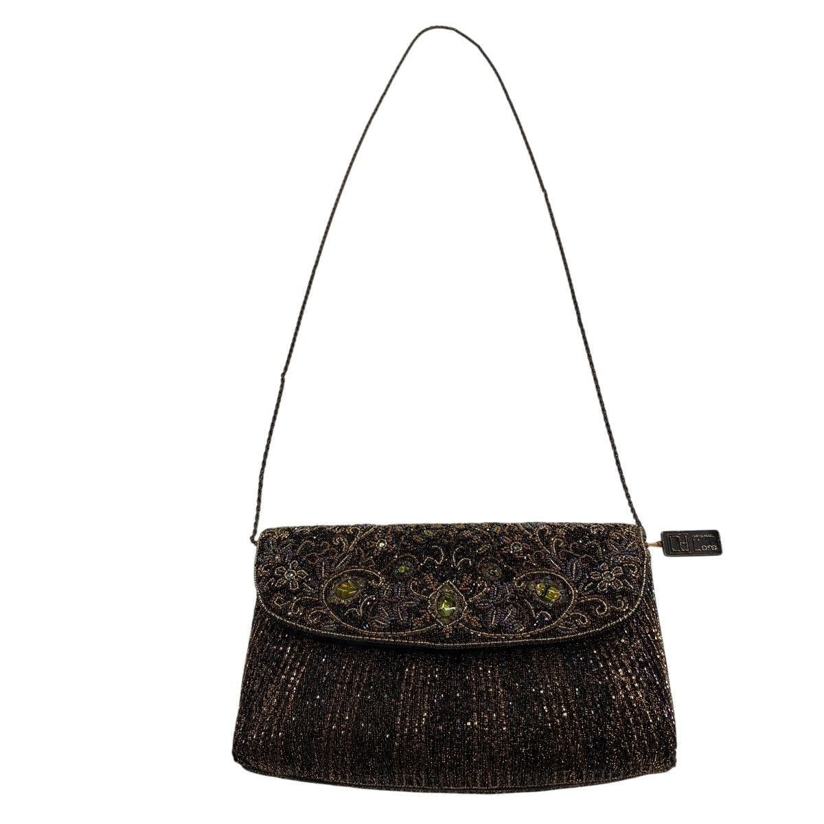 和装バッグ 逸品 ビーズバッグ フォーマル 花唐草 縞 箔 金茶 ビーズ 和装小物 【中古】