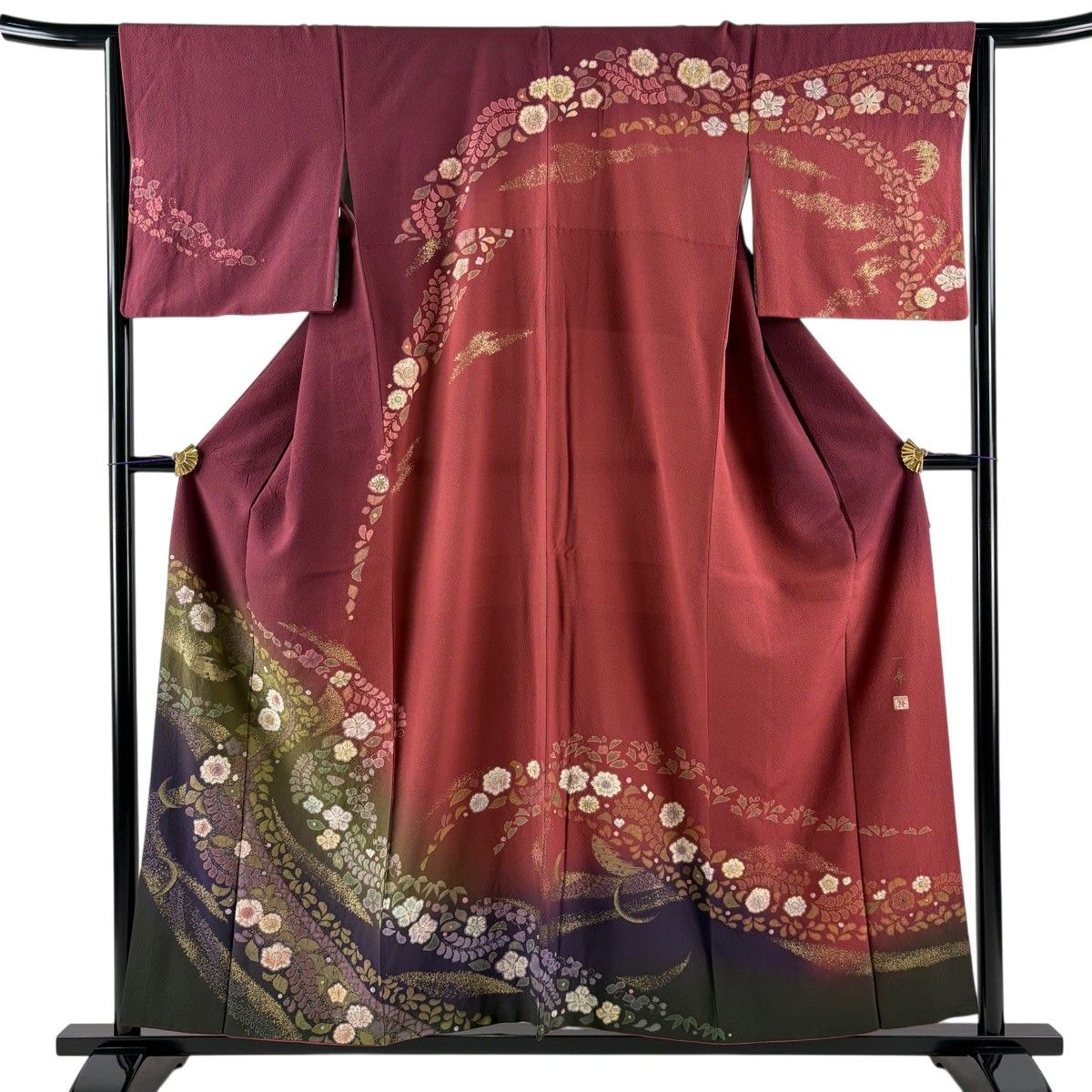訪問着 身丈157cm 裄丈64cm M 袷 吉乃一廉 落款 辻が花 金彩 染分け 赤紫 正絹 逸品 【中古】