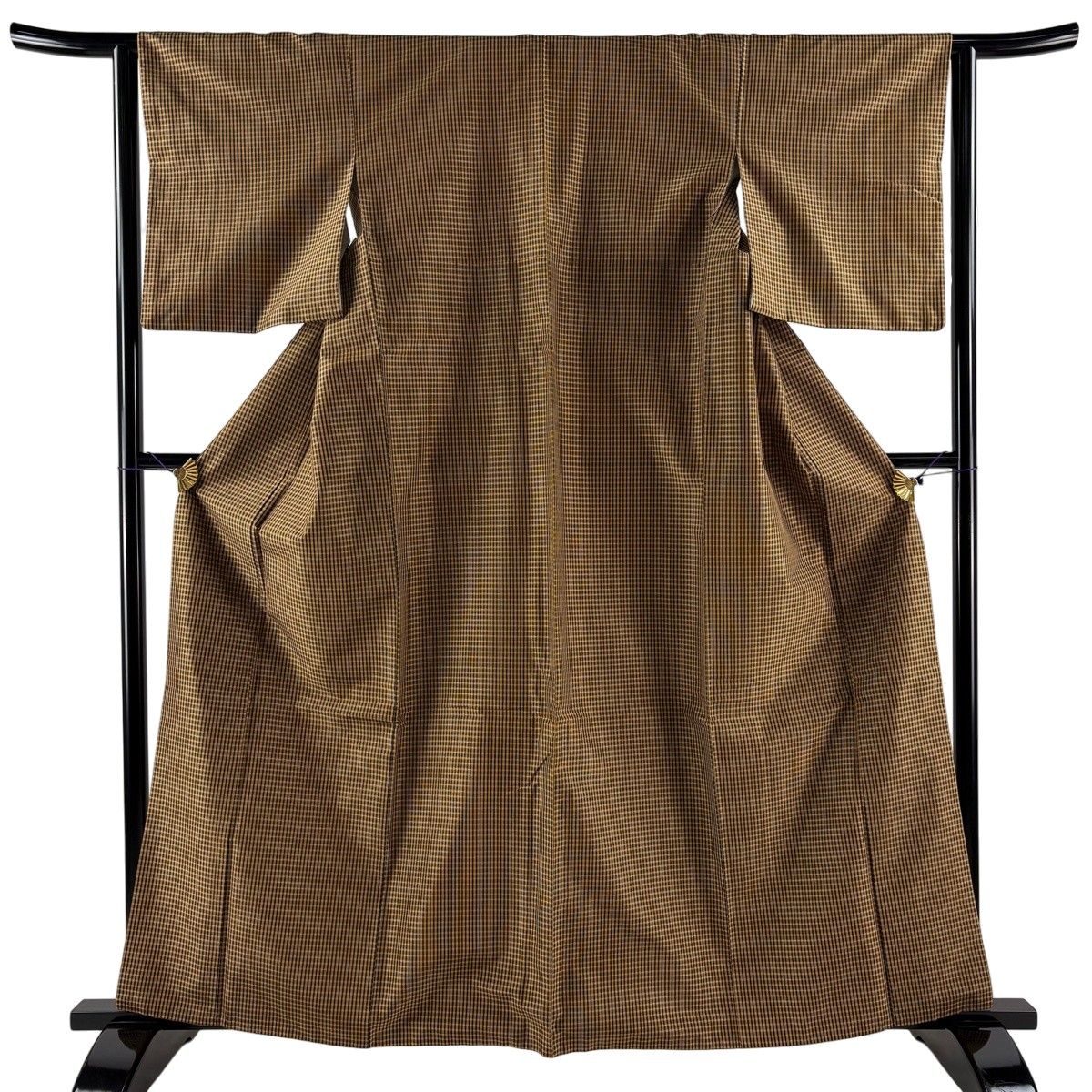 紬 身丈161cm 裄丈63cm S 袷 格子 茶色 正絹 逸品 【中古】