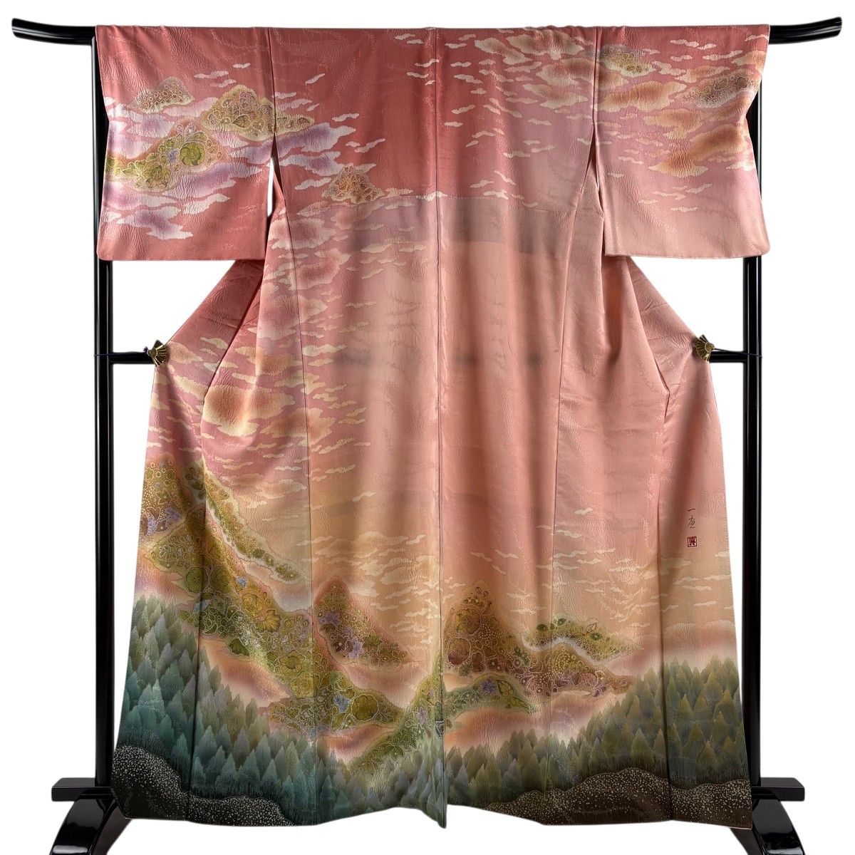 【美品】 訪問着 身丈162cm 裄丈68cm L 袷 吉乃一廉 落款 辻が花 樹木 銀通し ぼかし ピンク 正絹 逸品 【中古】