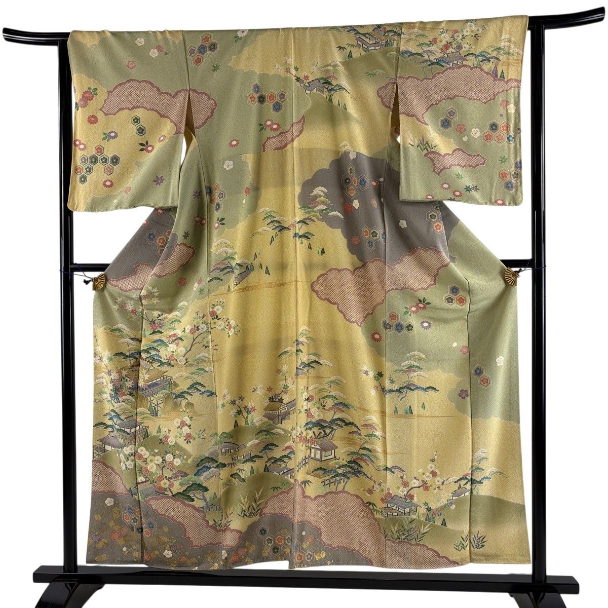 訪問着 身丈154.5cm 裄丈64cm M 袷 松竹梅 建物 金糸 金彩 薄黄 正絹 名品 【中古】