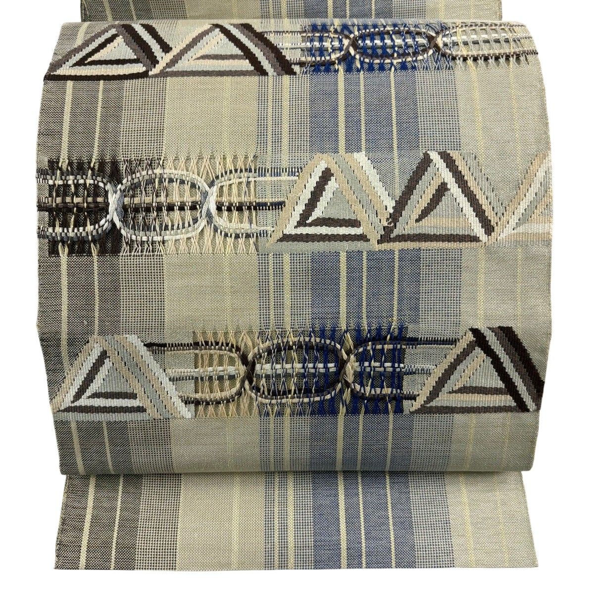 名古屋帯 秀品 八寸名古屋帯 松葉仕立て 縞 幾何学模様 金糸 灰緑 正絹 【中古】
