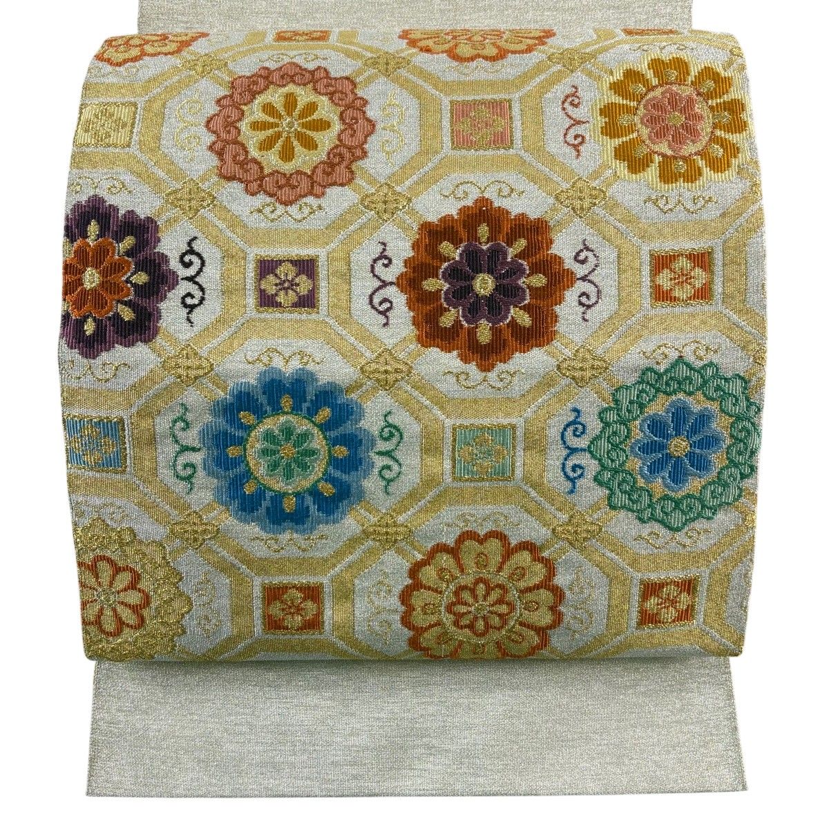【美品】 名古屋帯 秀品 八寸名古屋帯 松葉仕立て 蜀江華文 金糸 ベージュ 正絹 【中古】