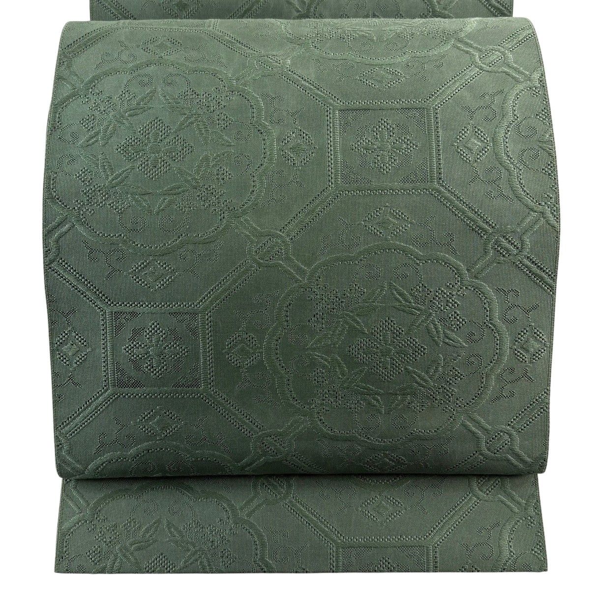 名古屋帯 秀品 八寸名古屋帯 松葉仕立て 蜀江華文 灰緑 正絹 【中古】