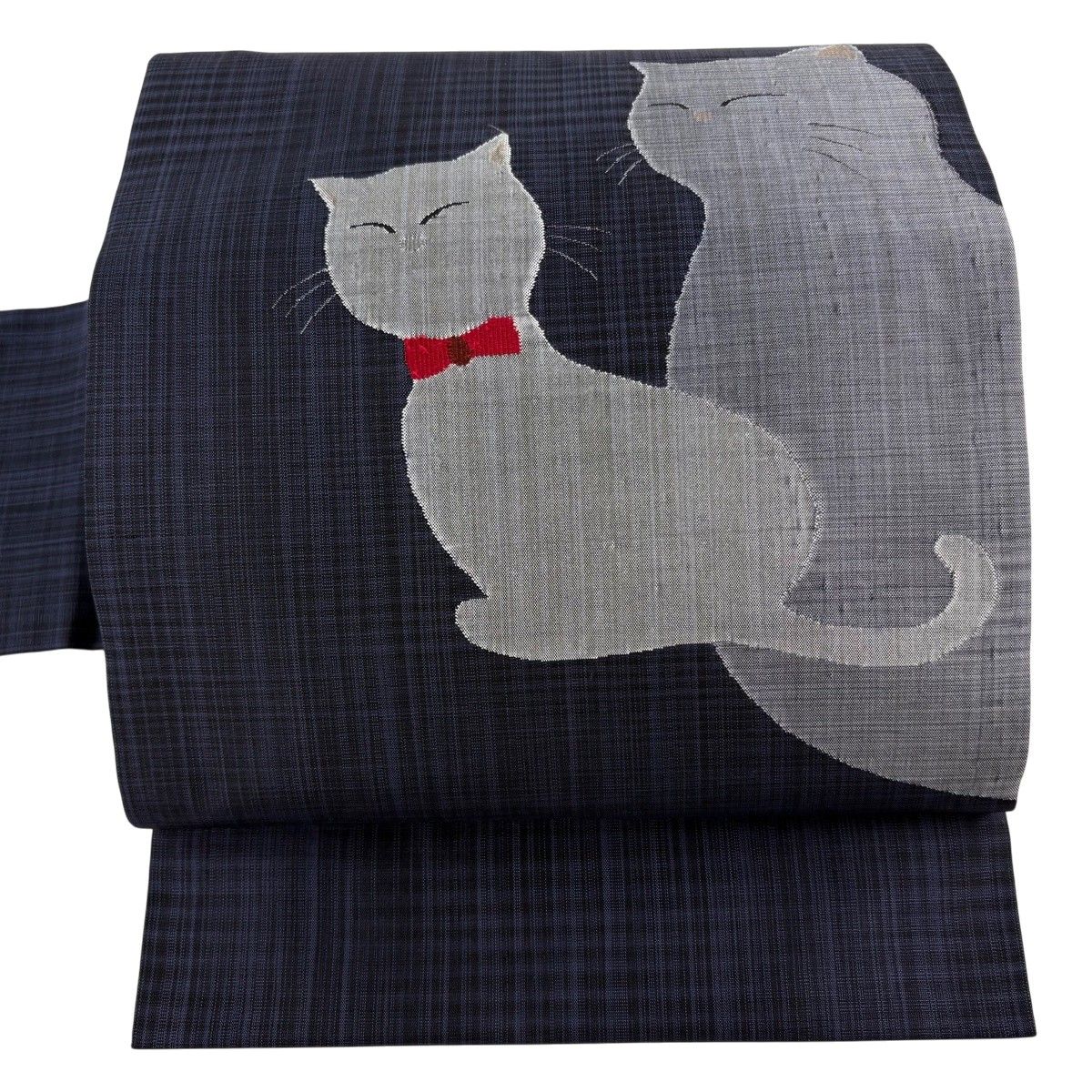 【美品】 名古屋帯 逸品 紬地 猫 紺色 正絹 【中古】