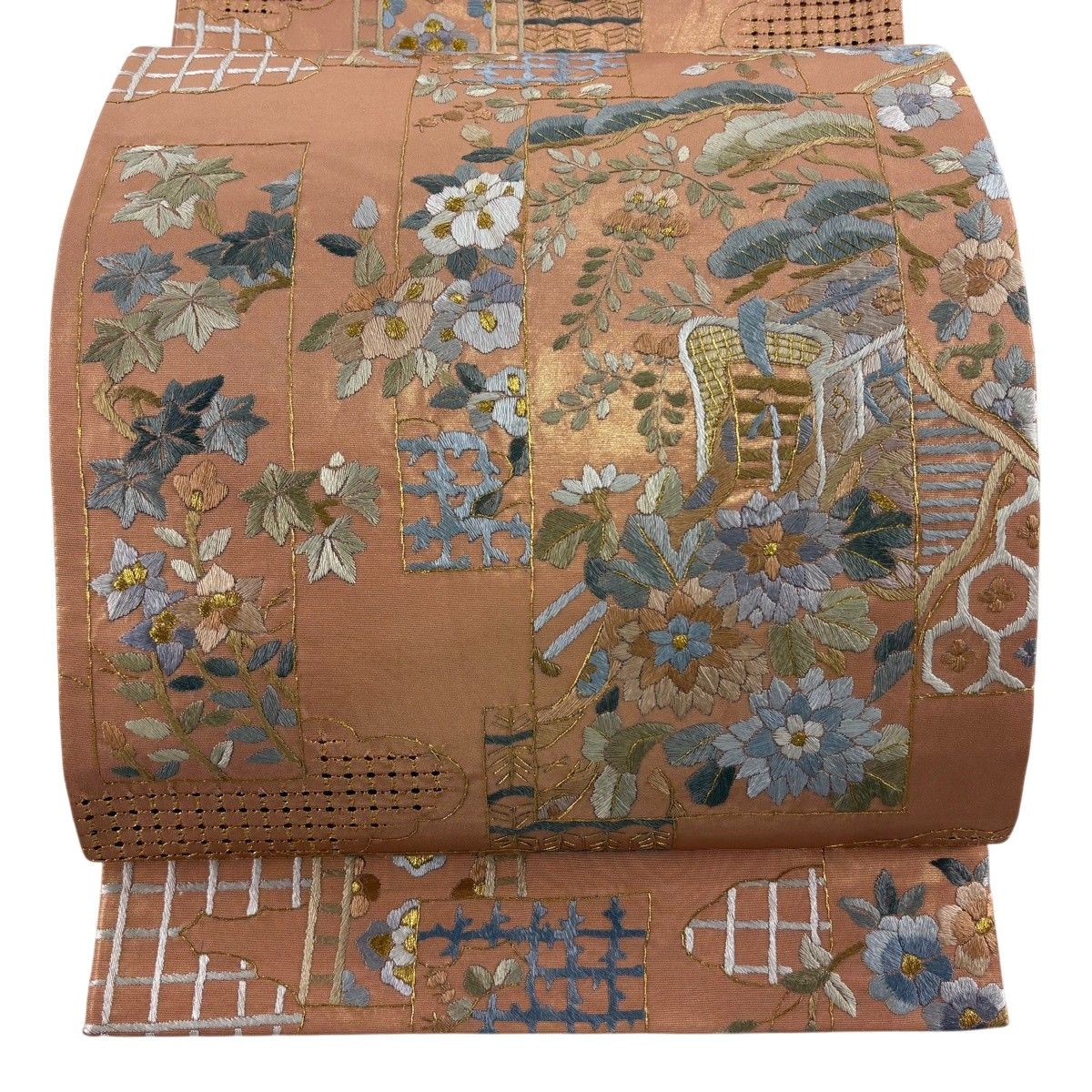 袋帯 逸品 御所車 笠松 金糸 箔 サーモンピンク 六通 正絹 【中古】