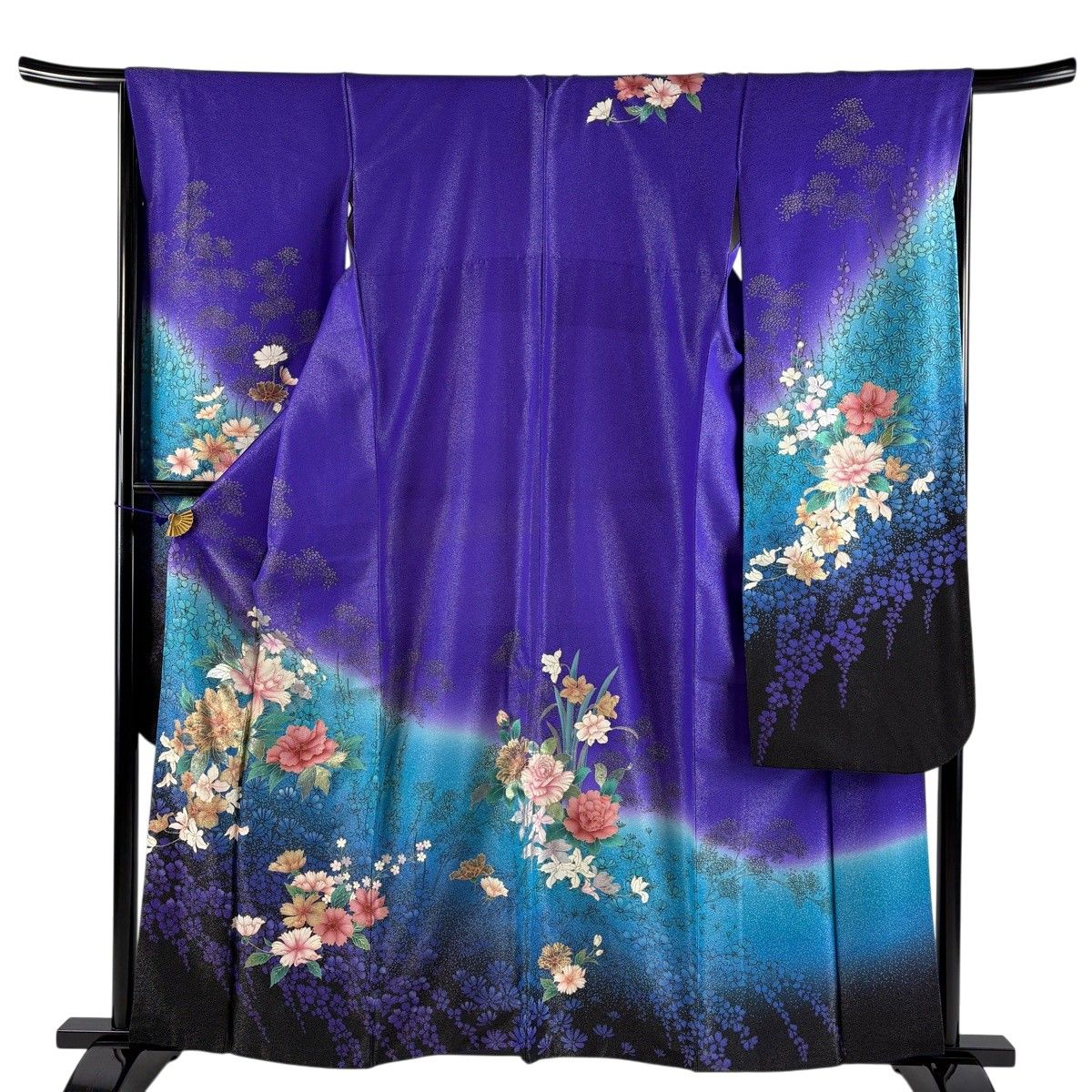 振袖 身丈159.5cm 裄丈65cm M 袷 草花 銀通し 金銀彩 紫 正絹 名品 【中古】