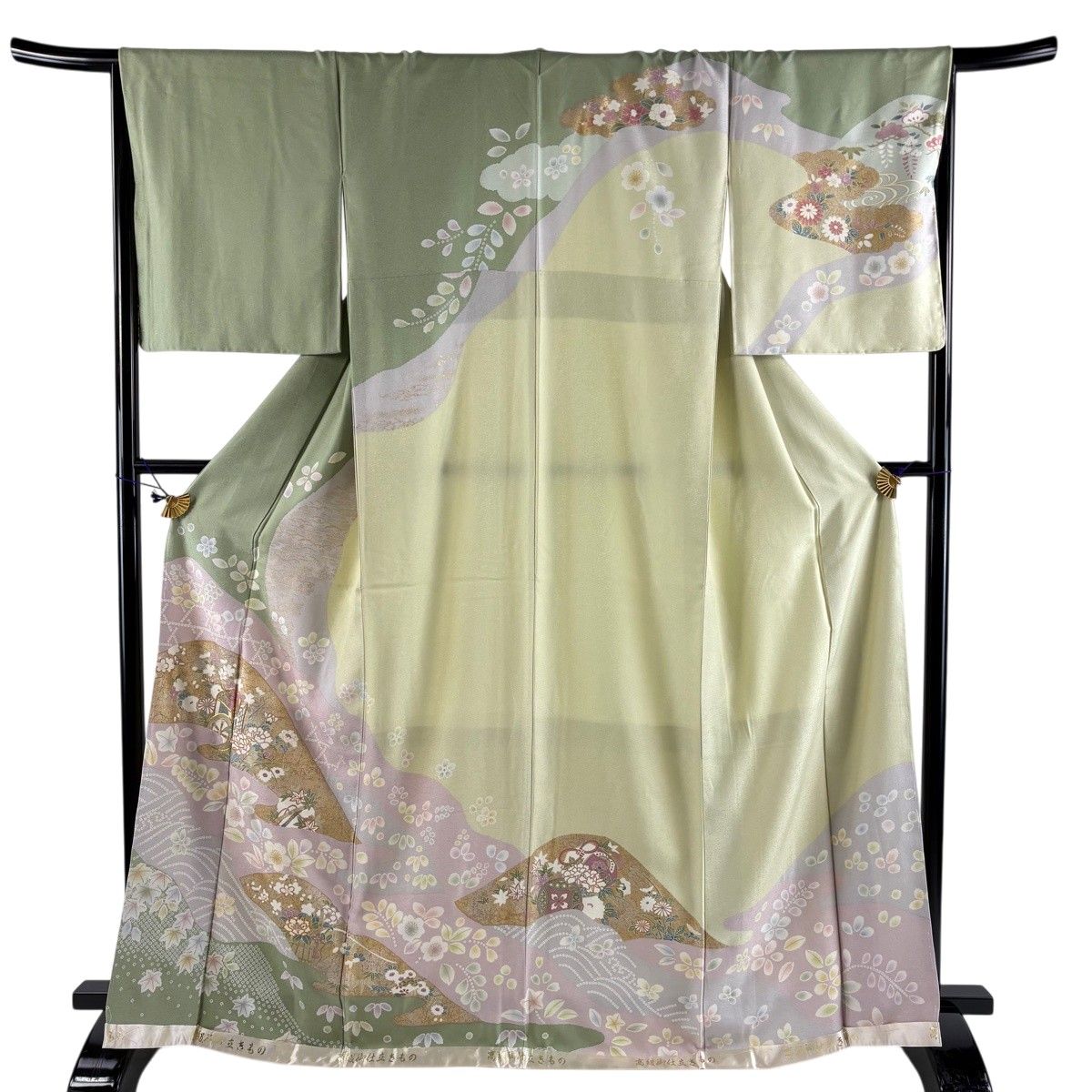 訪問着 身丈168cm 裄丈67cm M 袷 御所車 草花 金銀彩 金糸 薄緑 正絹 名品 【中古】