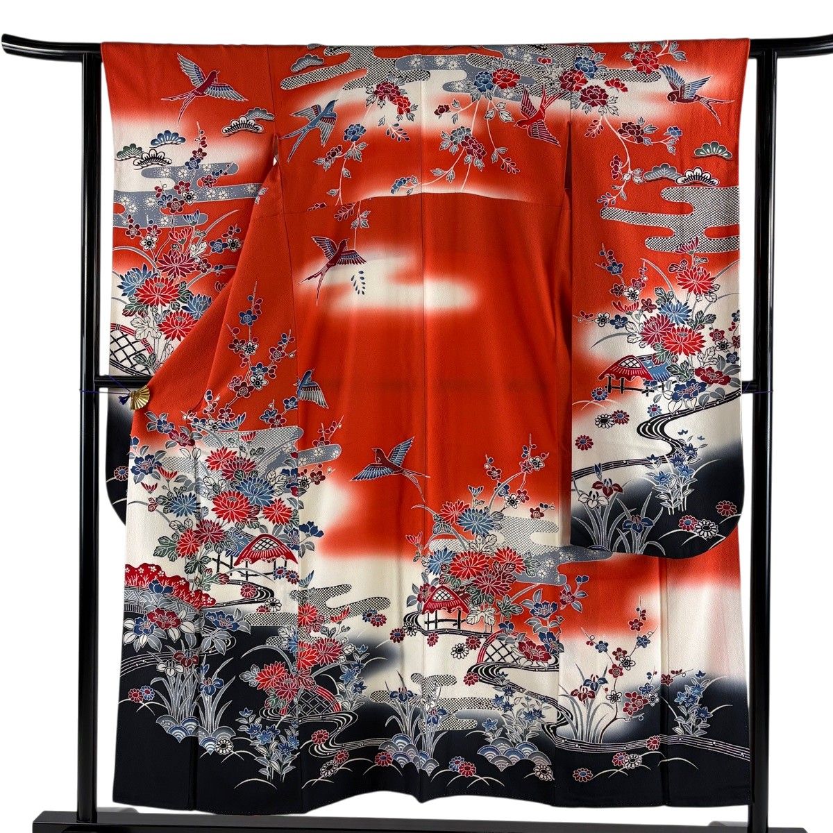 【美品】 振袖 身丈152cm 裄丈61.5cm S 袷 草花 鳥 染め分け ぼかし オレンジ 正絹 名品 【中古】