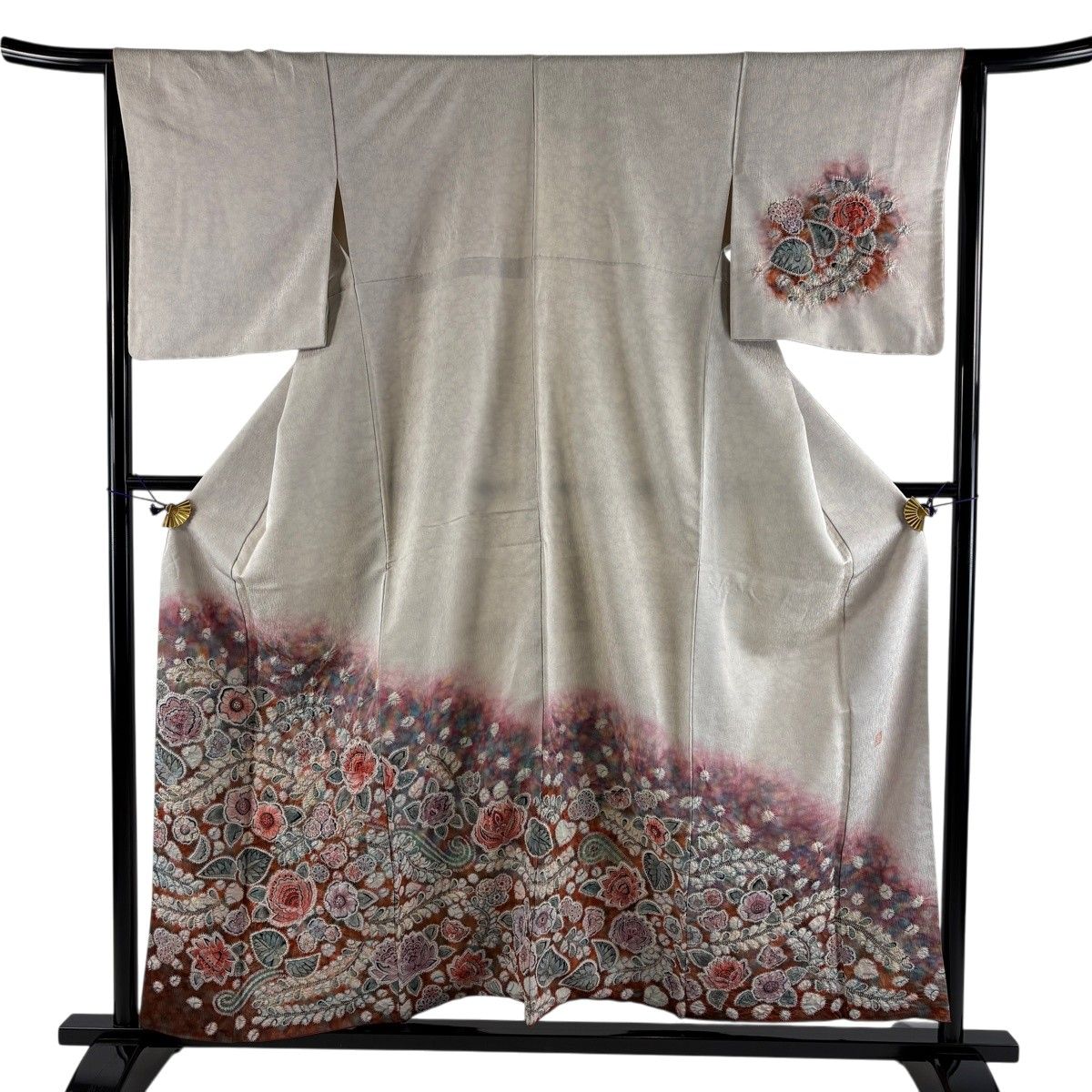 付下げ 身丈155.5cm 裄丈64.5cm M 袷 落款 草花 絞り 銀通し 灰茶 正絹 名品 【中古】