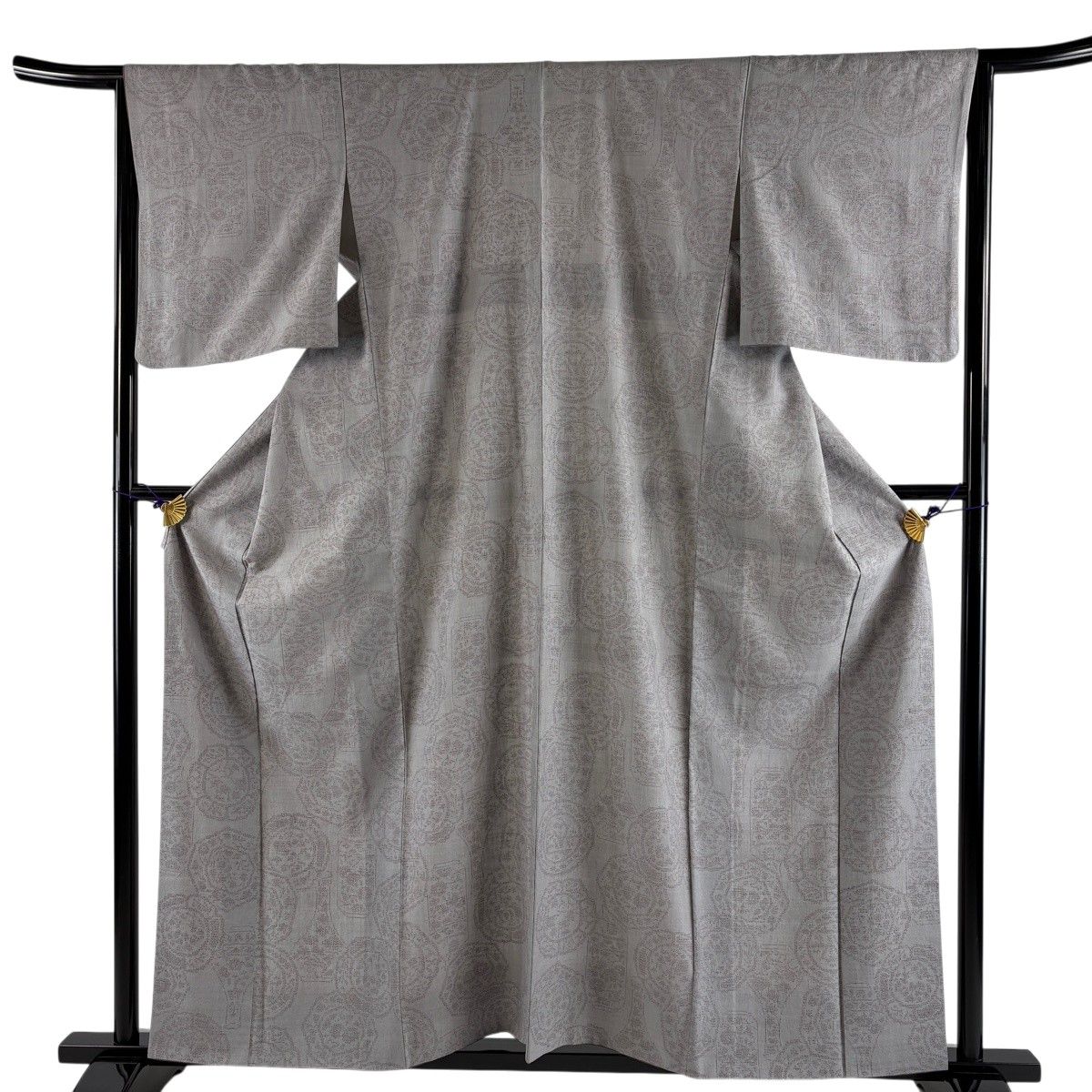 紬 身丈159cm 裄丈64.5cm M 袷 器物 草花 灰色 正絹 名品 【中古】