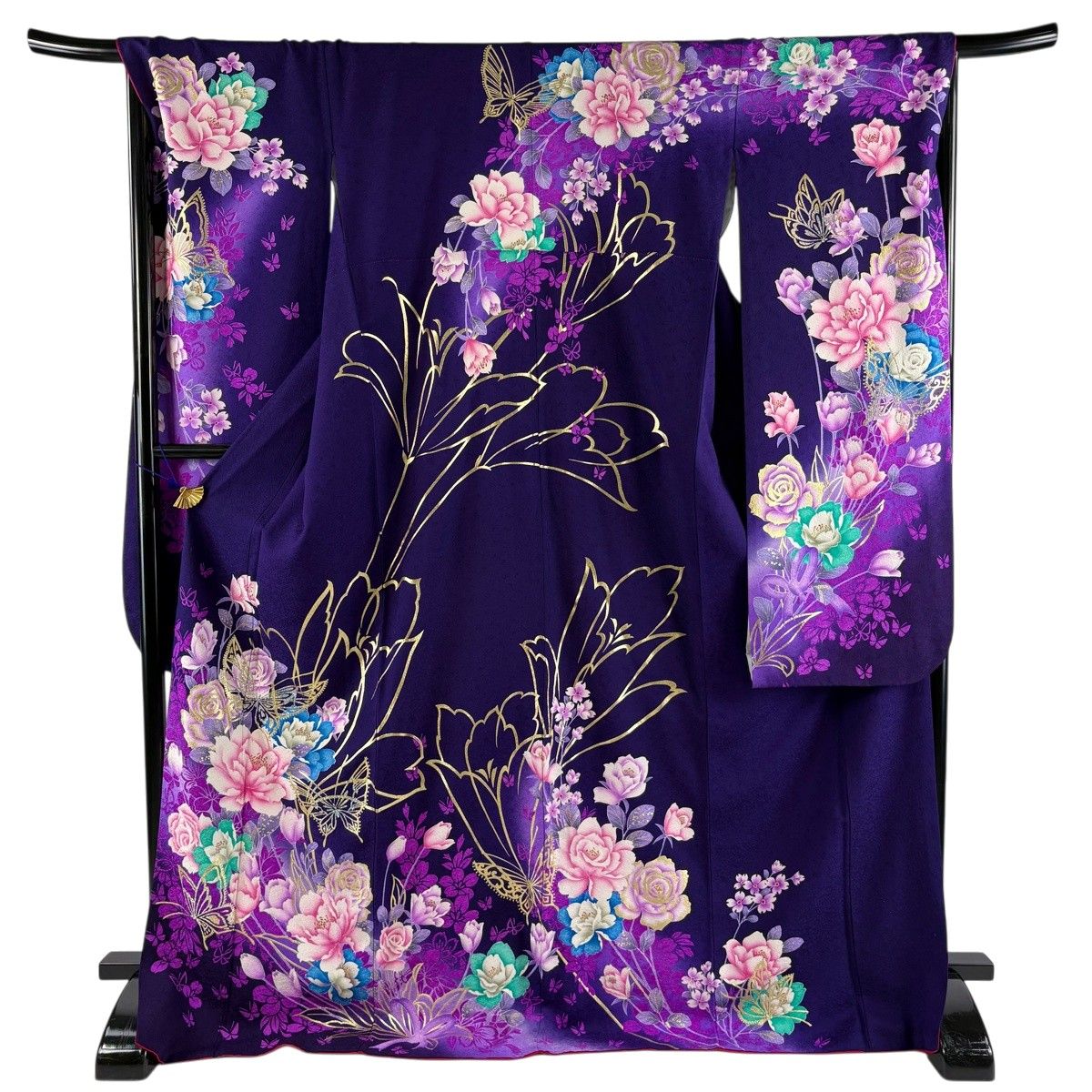 美品】 振袖 身丈173.5cm 裄丈68.5cm L 袷 薔薇 蝶 ラメ 金彩 紫 正絹