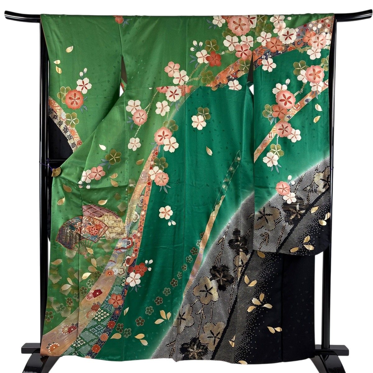 振袖 身丈163cm 裄丈65cm M 袷 扇 桜 金糸 金銀彩 緑 正絹 名品 【中古】