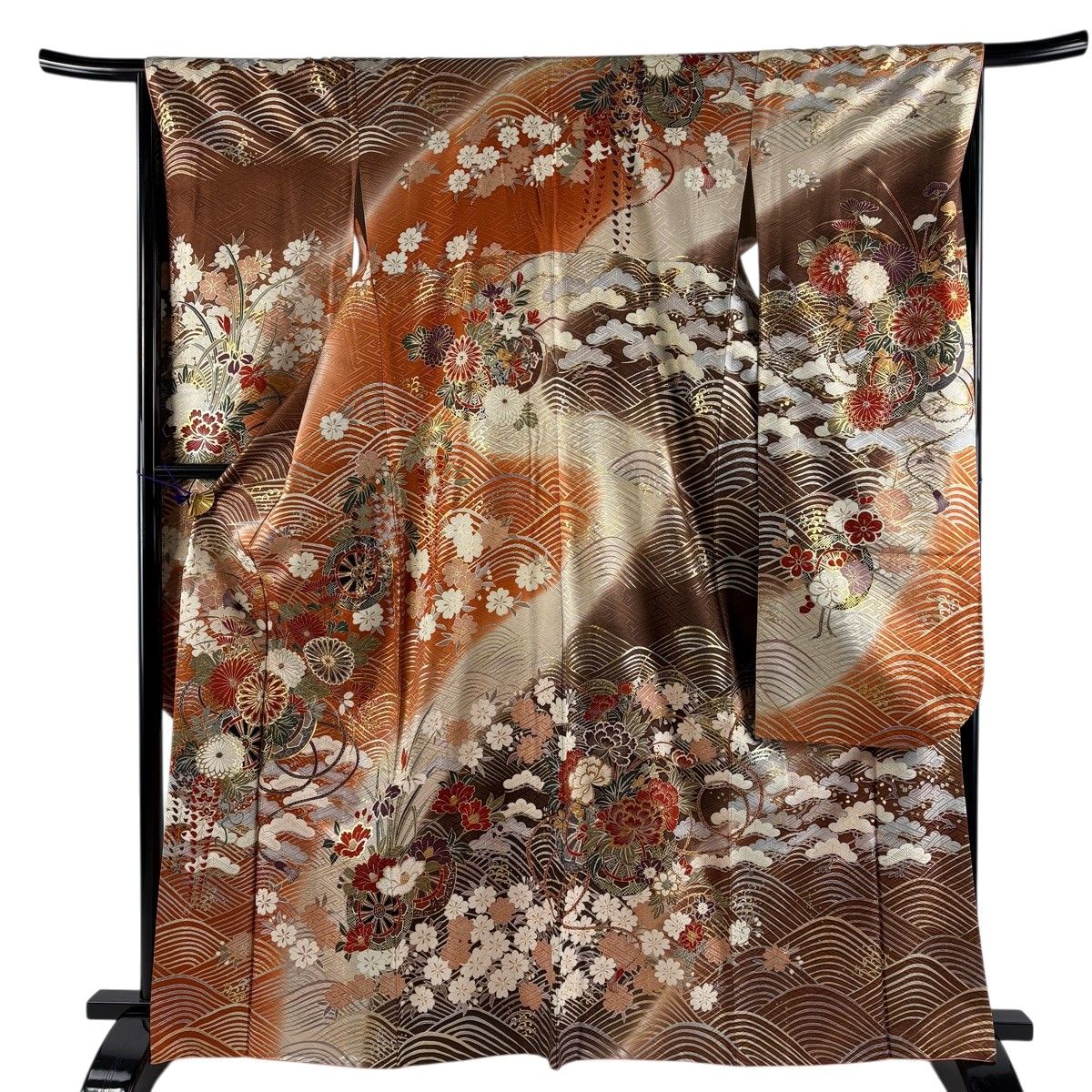 振袖 身丈164cm 裄丈66cm M 袷 花車 波 金糸 金銀彩 茶色 正絹 名品 【中古】