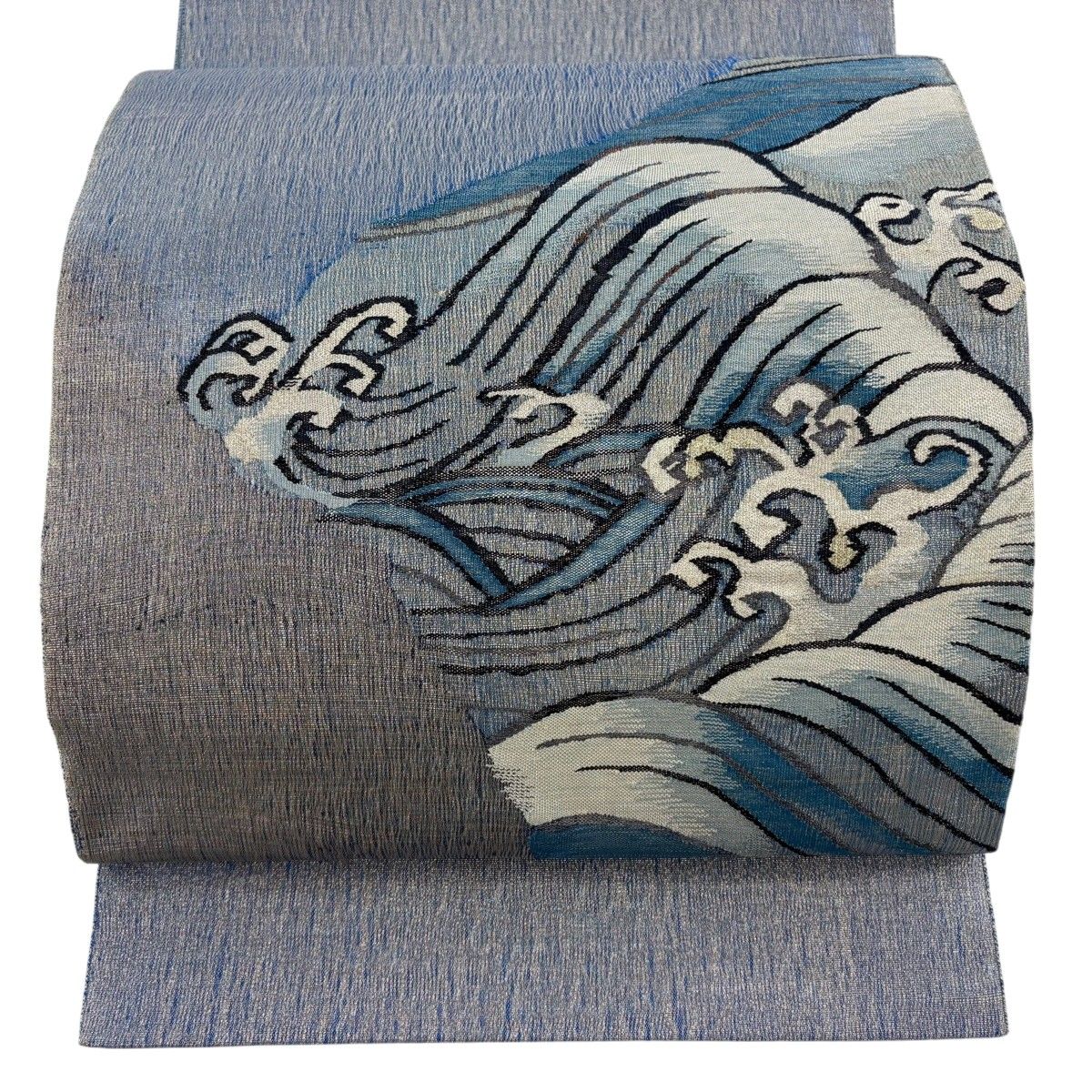 【美品】 袋帯 名品 波 波頭 銀糸 箔 青 お太鼓柄 正絹 【中古】