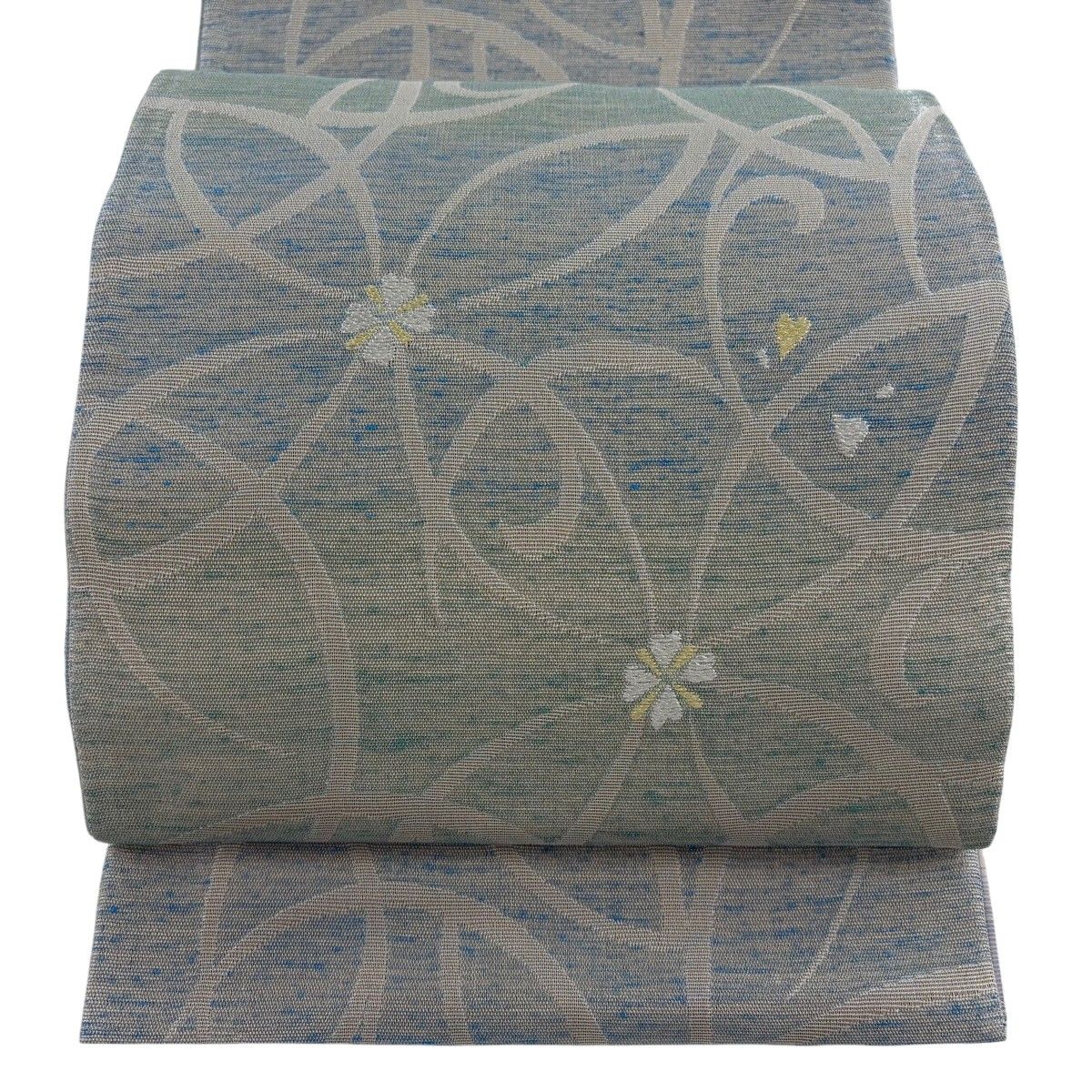 【美品】袋帯 名品 やまと 草花 段縞 銀通し 青灰色 全通 正絹 【中古】