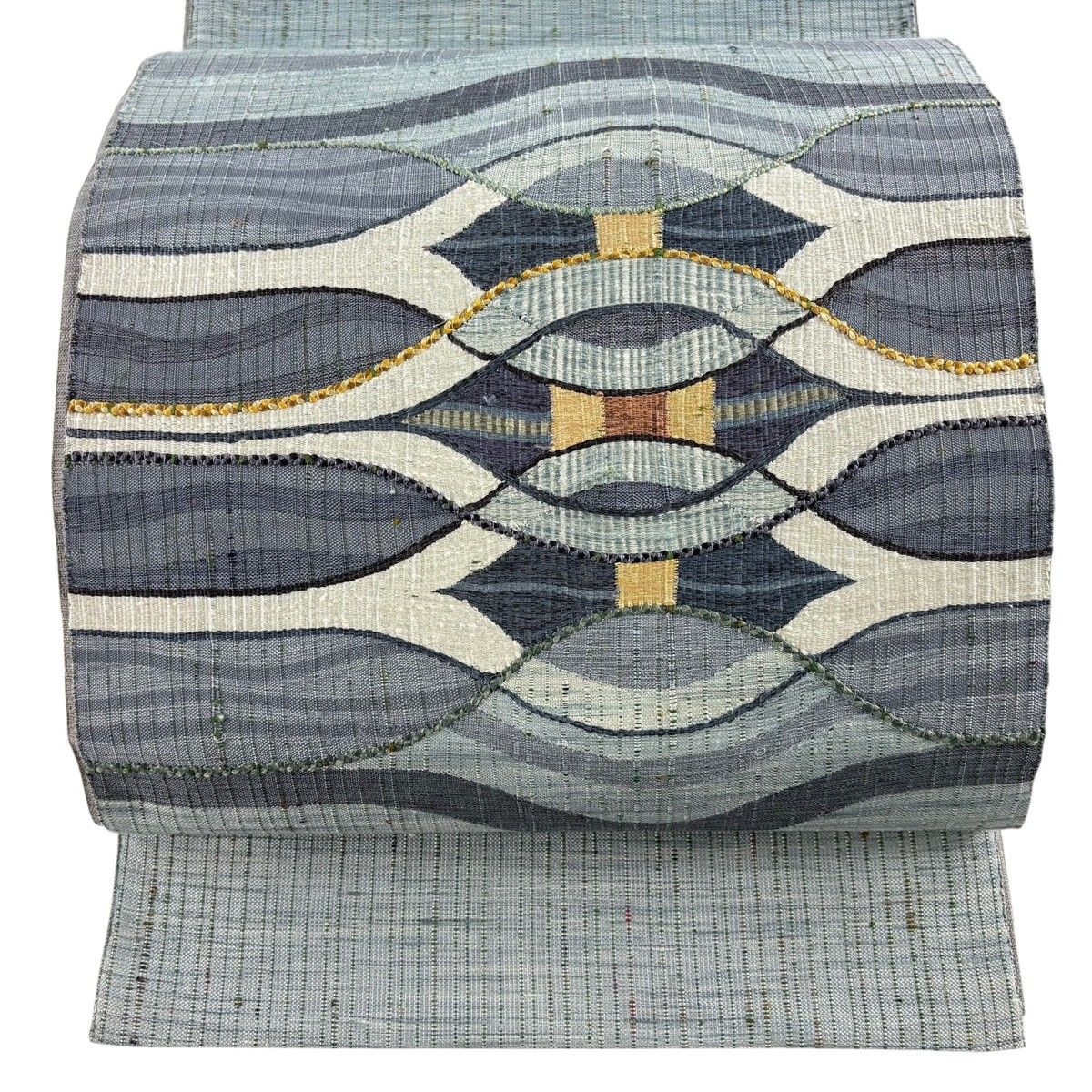 袋帯 名品 幾何学模様 刺繍 水色 お太鼓柄 正絹 【中古】