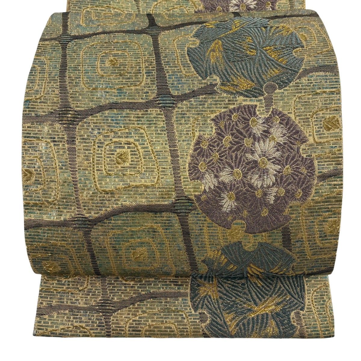 袋帯 名品 雪輪 草花 金糸 金色 六通 正絹 【中古】