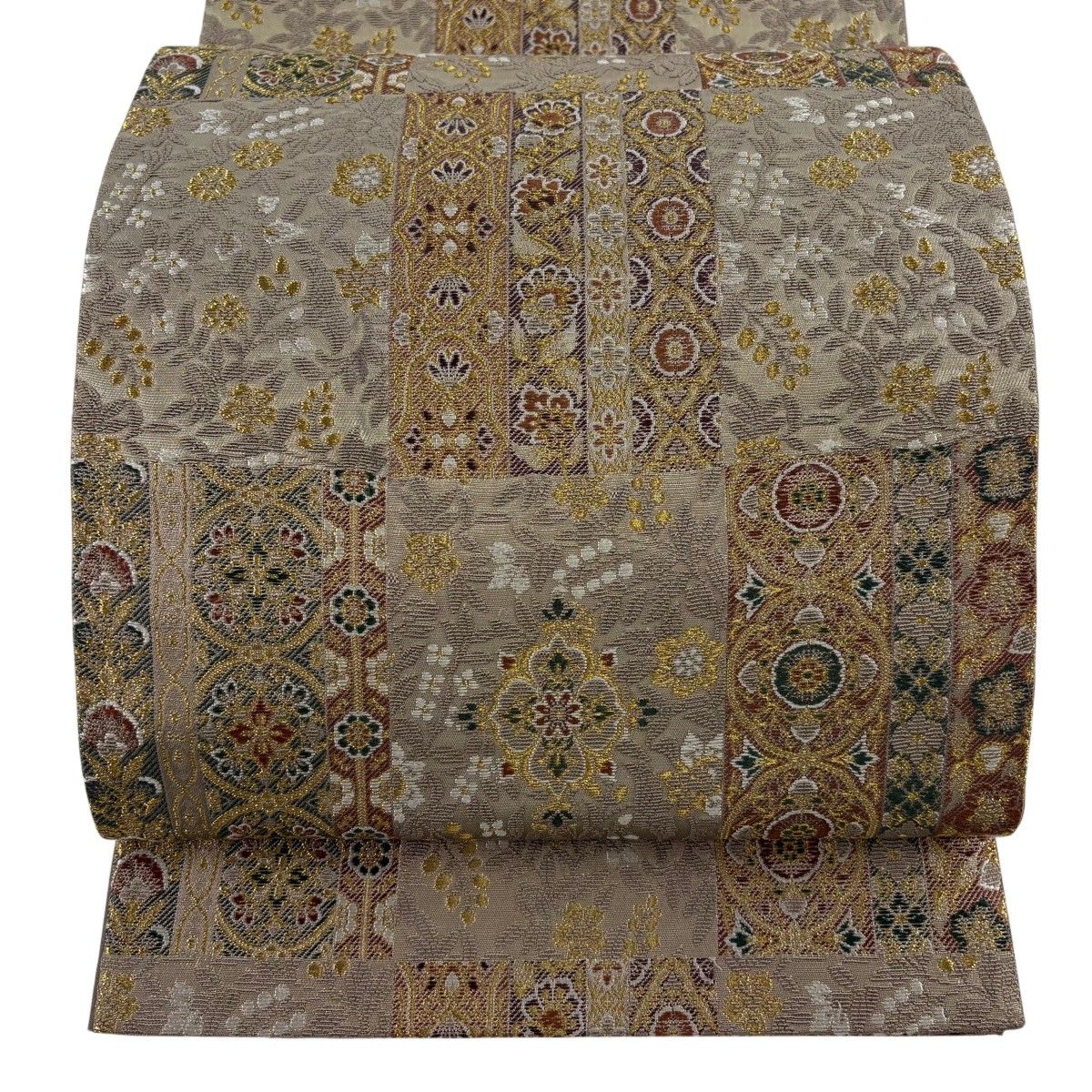 【美品】 袋帯 名品 華文 草花 金糸 箔 灰茶 六通 正絹 【中古】