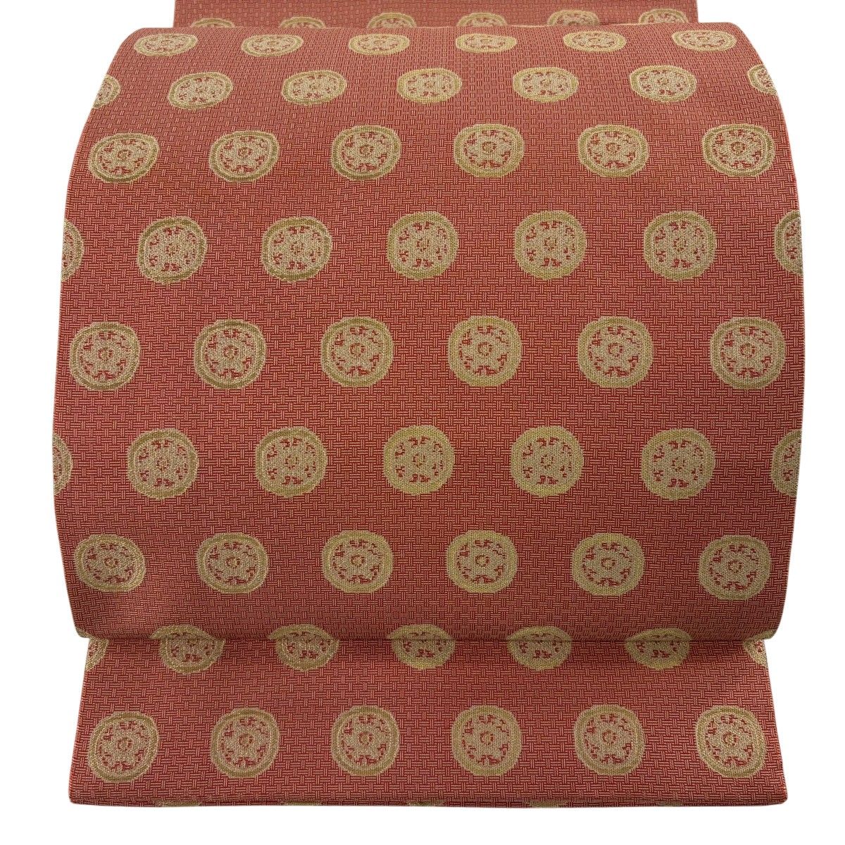 開き名古屋帯 名品 龍村美術織物 比翼仕立て 花 丸文 金糸 茜色 正絹 【中古】