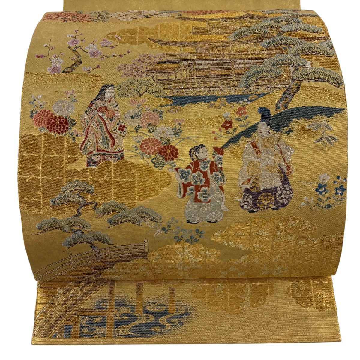 袋帯 名品 長嶋成織物 落款 瀞金錦 関西仕立て 建物 人物 金銀糸 箔 金色 お太鼓柄 正絹 【中古】