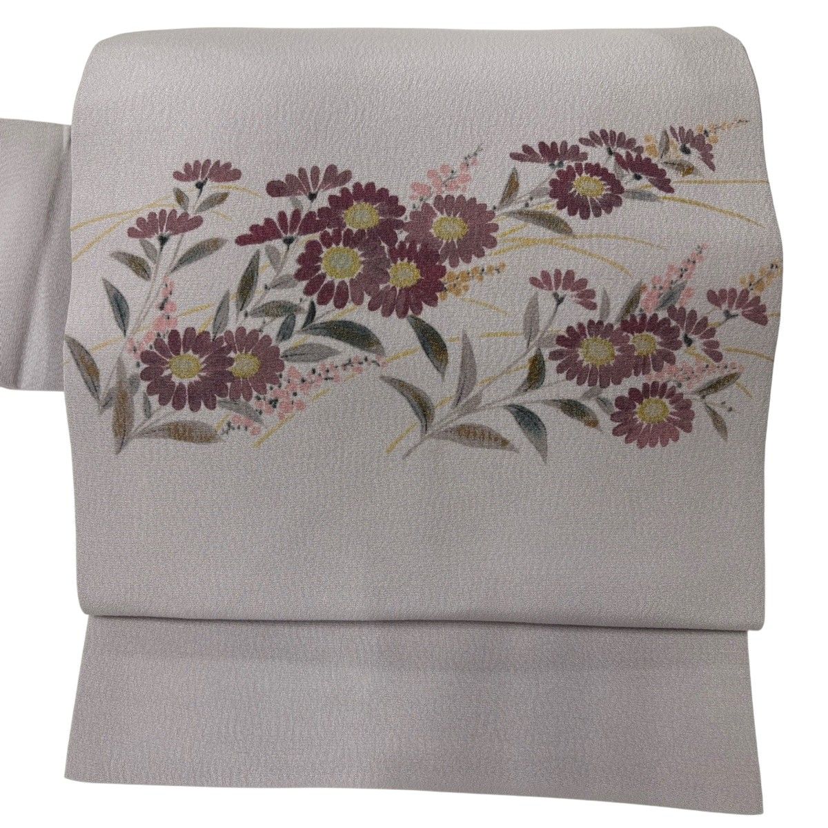 名古屋帯 名品 落款 山科春宣 草花 金彩 灰紫 正絹 【中古】