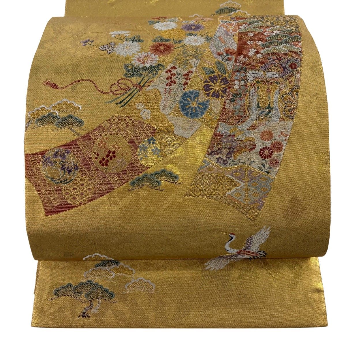 【美品】 袋帯 名品 長嶋成織物 落款 証紙 瀞金錦 関西仕立て 短冊 草花 金糸 箔 金色 お太鼓柄 正絹 【中古】