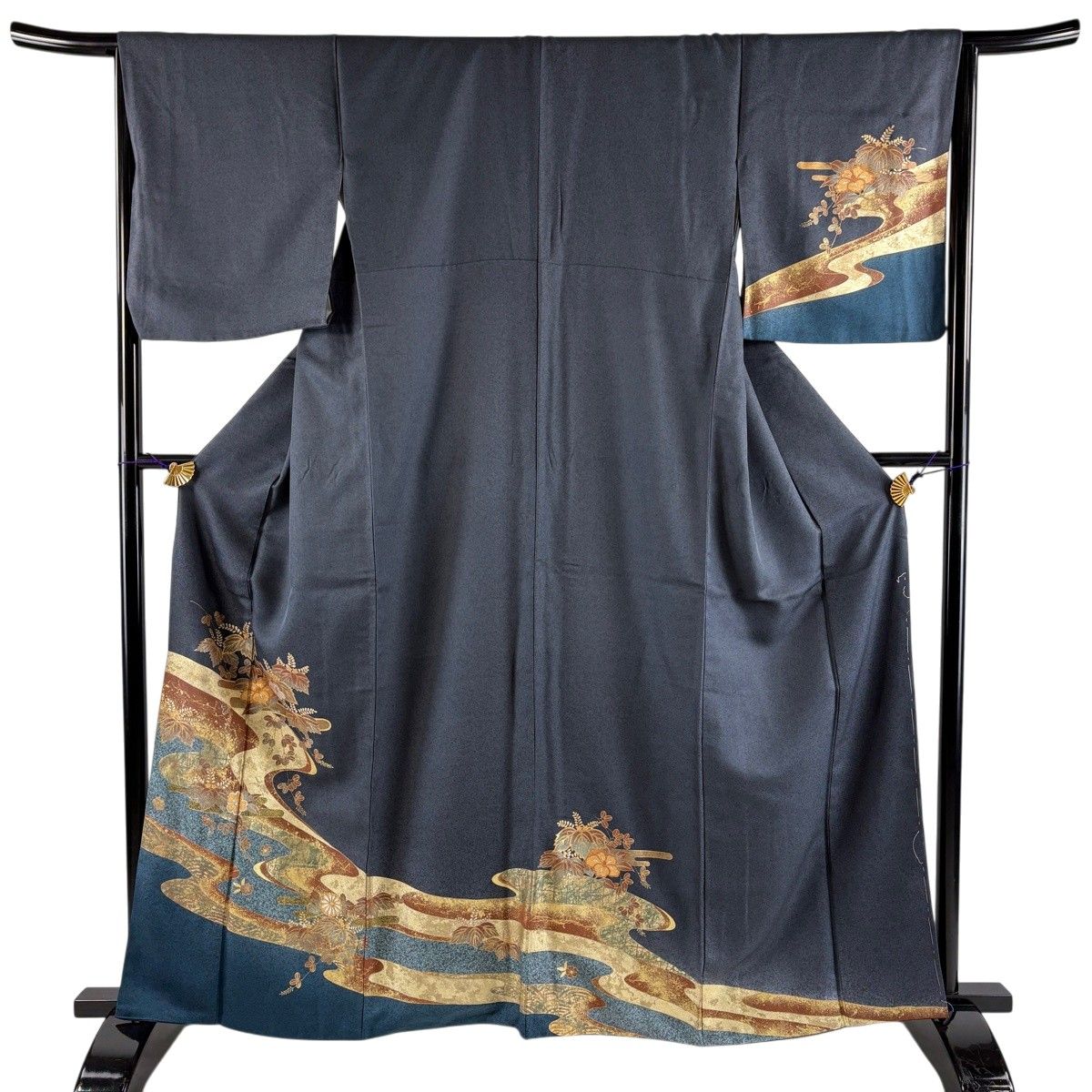 訪問着 身丈161.5cm 裄丈65.5cm M 袷 花筏 流水 金銀彩 紺色 正絹 秀品 【中古】