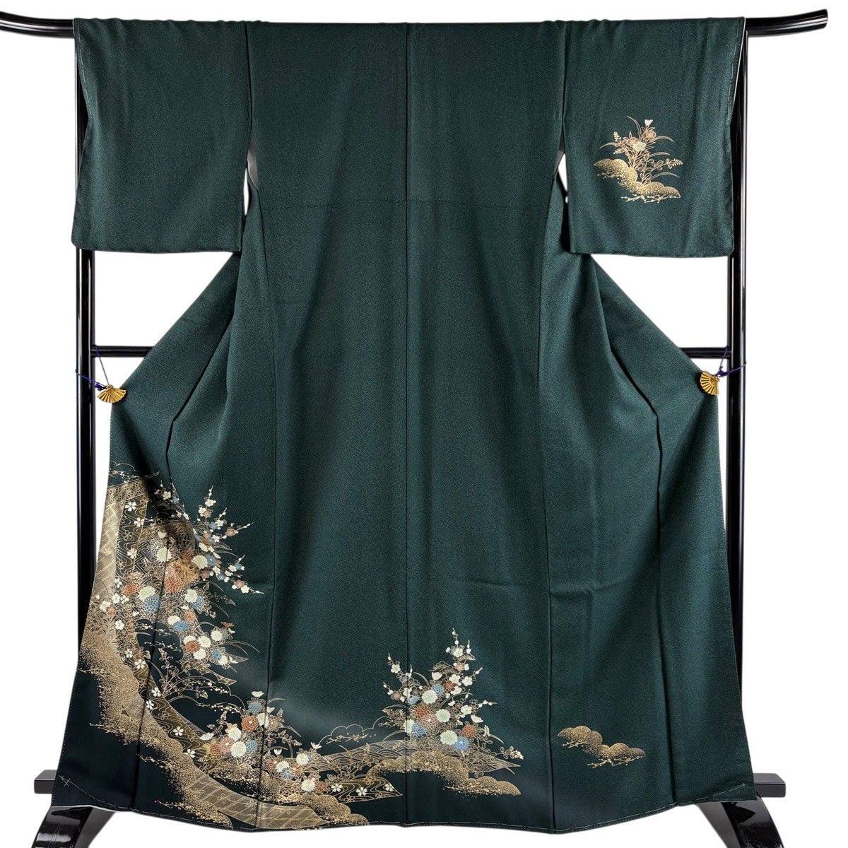 【美品】 付下げ 身丈164.5cm 裄丈66.5cm M 袷 文箱 秋草 金彩 ぼかし 深緑 正絹 秀品 【中古】