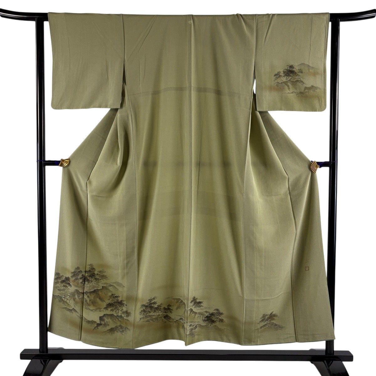 【美品】 付下げ 身丈151.5cm 裄丈63cm S 袷 落款 樹木 橋 ぼかし 灰緑 正絹 秀品 一つ紋 【中古】