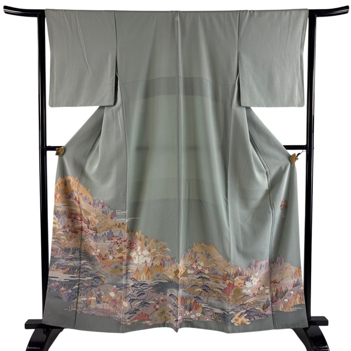 【美品】 色留袖 身丈161.5cm 裄丈63.5cm S 袷 落款 建物 風景 ぼかし 灰緑 正絹 秀品 一つ紋 【中古】