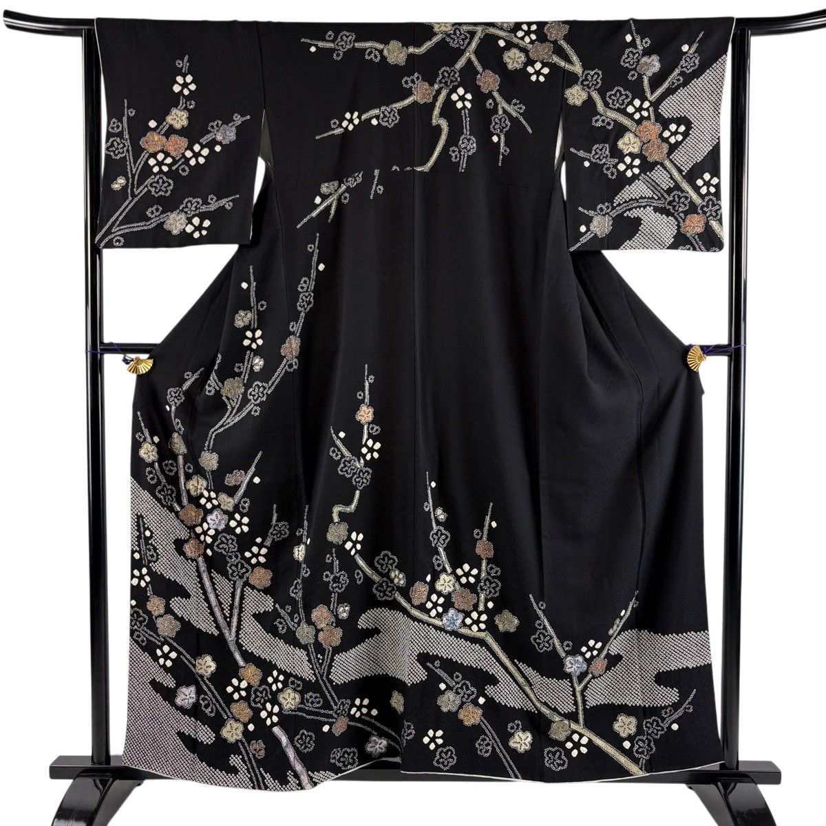 訪問着 身丈158cm 裄丈64cm M 袷 枝梅 霞 金銀彩 絞り 黒 正絹 秀品 【中古】
