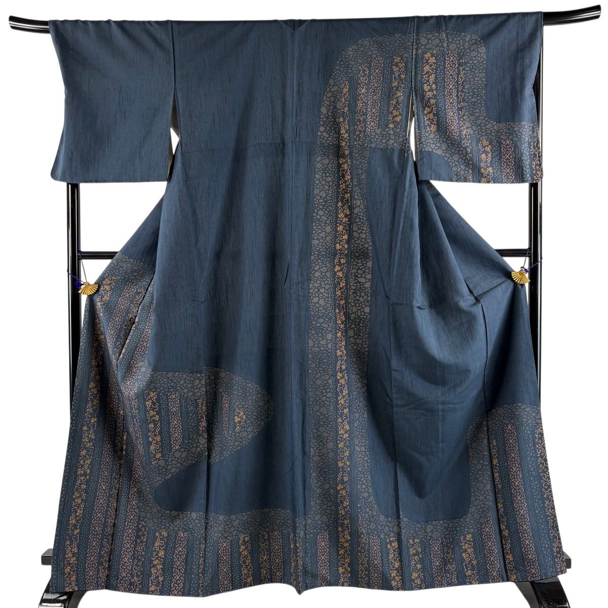 訪問着 身丈166cm 裄丈69.5cm L 袷 紬地 落款 葡萄唐草 縞 青緑 正絹 秀品 【中古】
