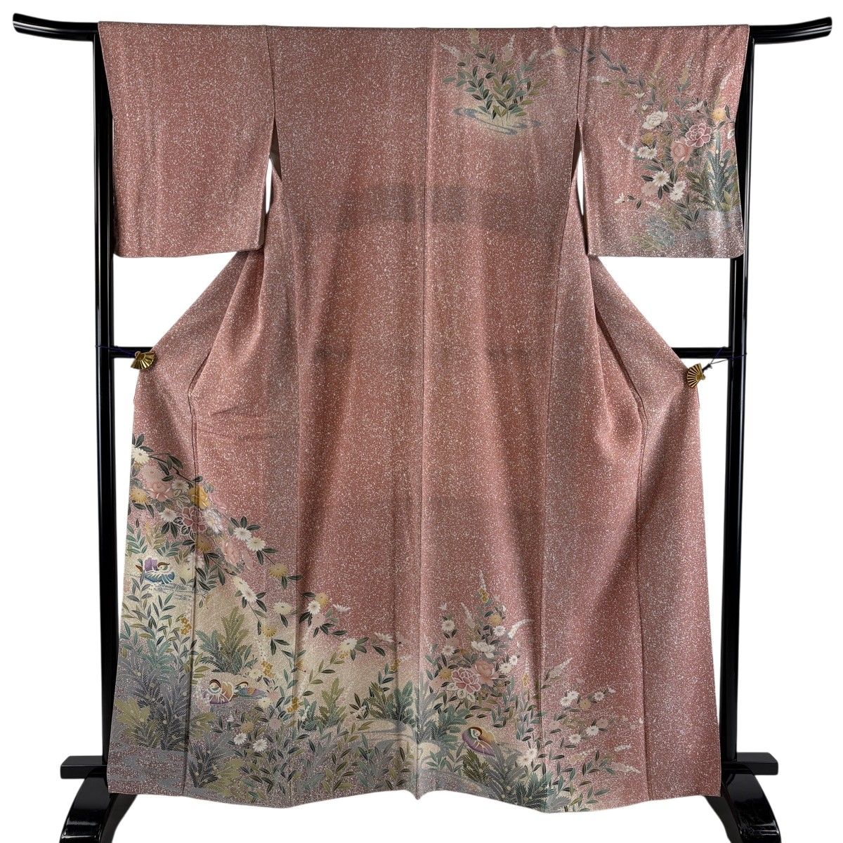 【美品】 訪問着 身丈164cm 裄丈66cm M 袷 草花 鴛鴦 ぼかしーー ピンク 正絹 秀品 【中古】