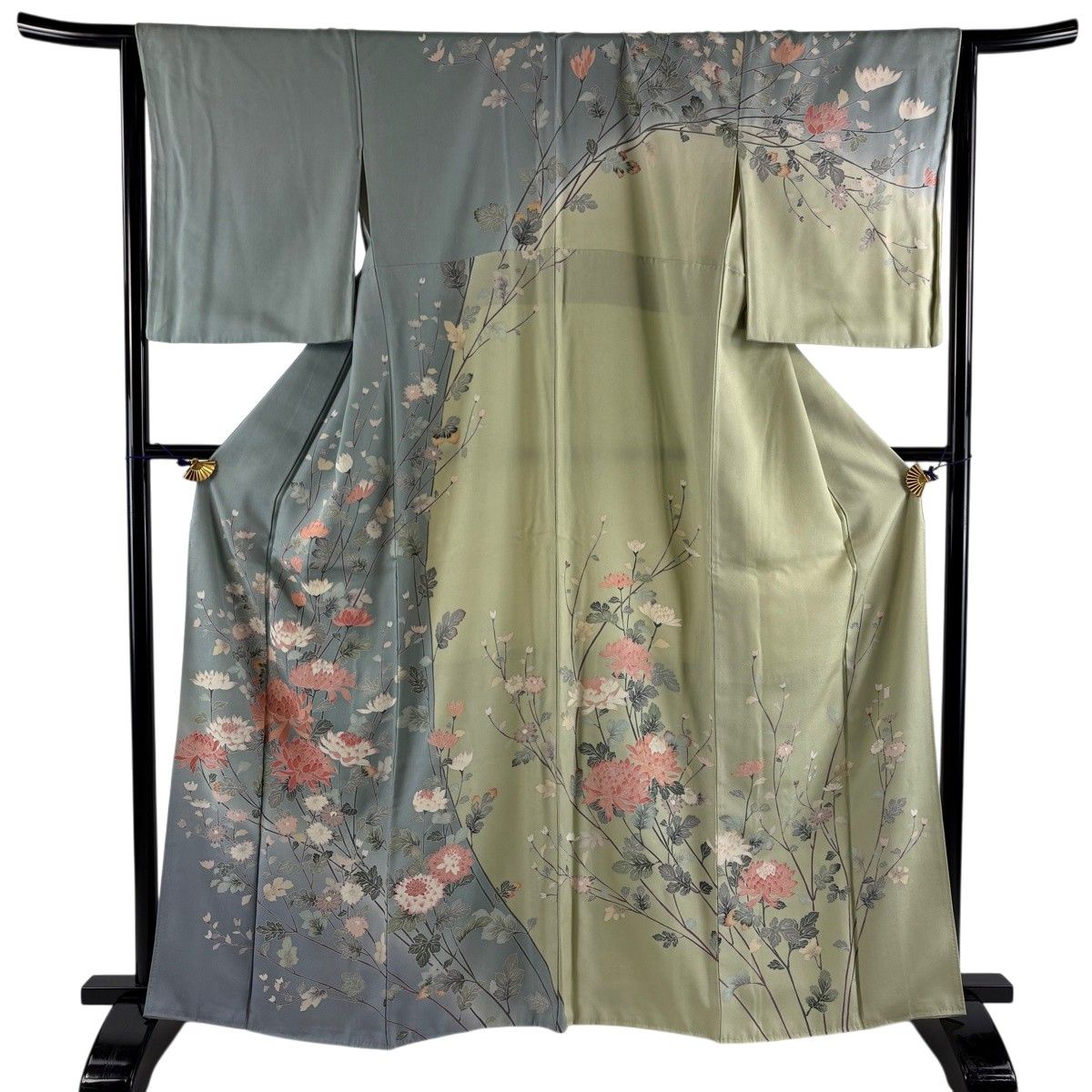 訪問着 身丈163cm 裄丈65.5cm M 袷 落款 菊 ぼかし 灰緑 正絹 秀品