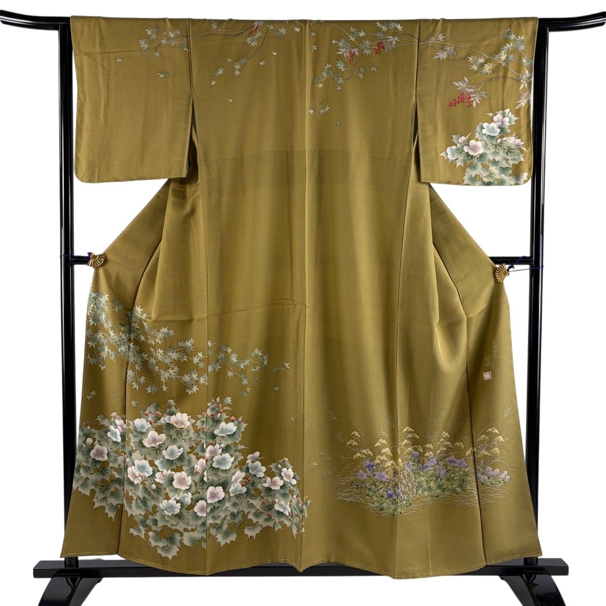 美品】 訪問着 身丈155.5cm 裄丈64.5cm M 袷 落款 草花 枝葉 金糸 金彩