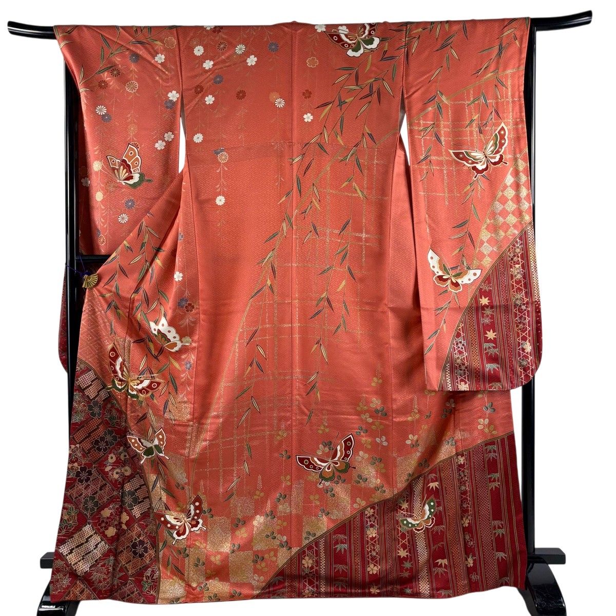 振袖 身丈169.5cm 裄丈67.5cm L 袷 蝶 桜 金銀彩 金糸 サーモンピンク 正絹 秀品 【中古】