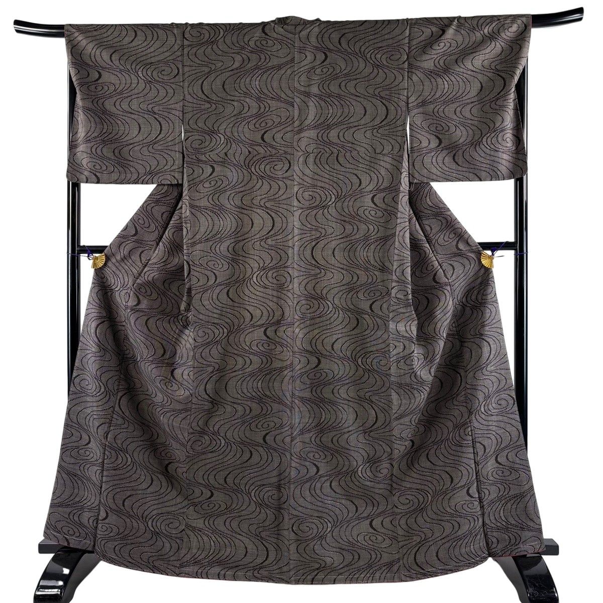 【美品】 紬 身丈165.5cm 裄丈68.5cm L 袷 流水 焦茶色 正絹 秀品 【中古】
