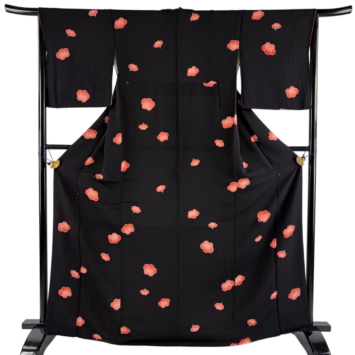 【美品】 小紋 身丈166cm 裄丈65cm M 袷 梅 縮緬 黒 正絹 秀品 【中古】