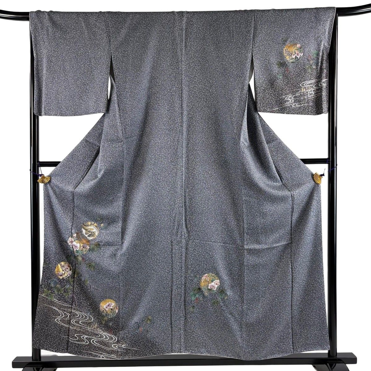 【美品】 付下げ 身丈155cm 裄丈67cm M 袷 花丸文 鶴 金銀彩 青灰色 正絹 秀品 【中古】