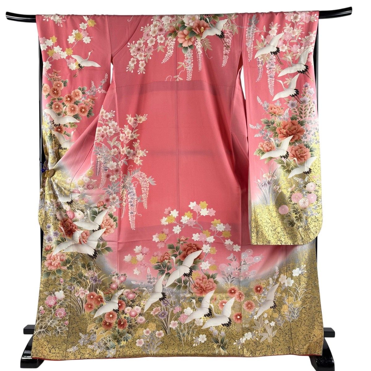振袖 身丈170cm 裄丈68.5cm L 袷 やまと 鶴 草花 金彩 ぼかし ピンク 正絹 秀品 【中古】
