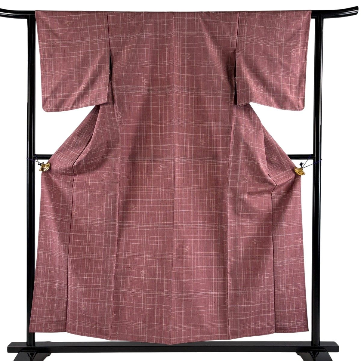 紬 身丈155cm 裄丈62cm S 単衣 燕 格子 ピンク 正絹 秀品 【中古】