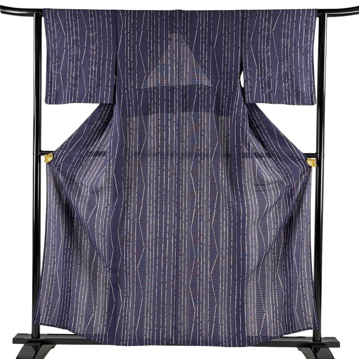 【美品】 小紋 身丈158cm 裄丈62.5cm S 薄物 縞 幾何学模様 紫 正絹 秀品 【中古】